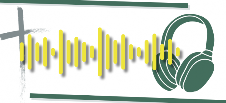 Audiodatei zum Gottesdienst, das bild zeigt Kreuz, eine Audio-Wellenform und einen Kopfhörer