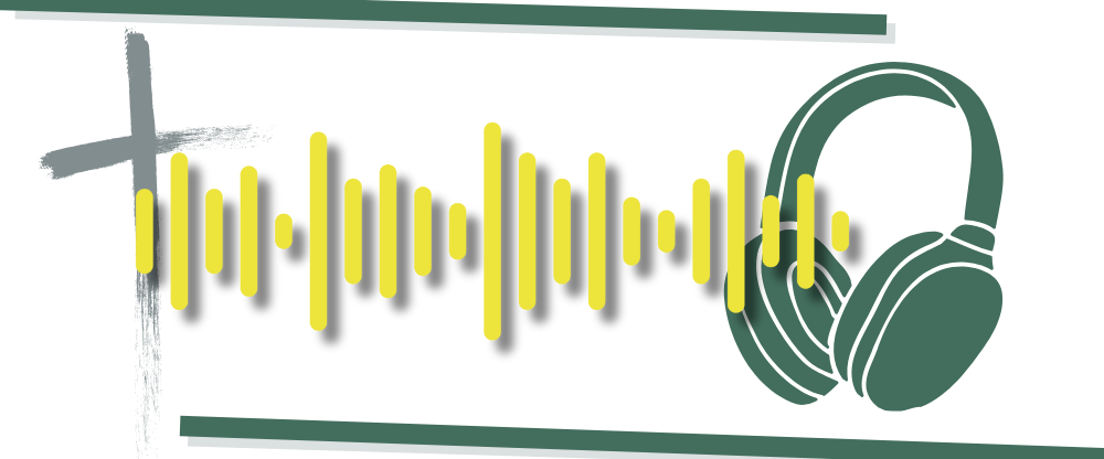 Audiodatei zum Gottesdienst, das bild zeigt Kreuz, eine Audio-Wellenform und einen Kopfhörer