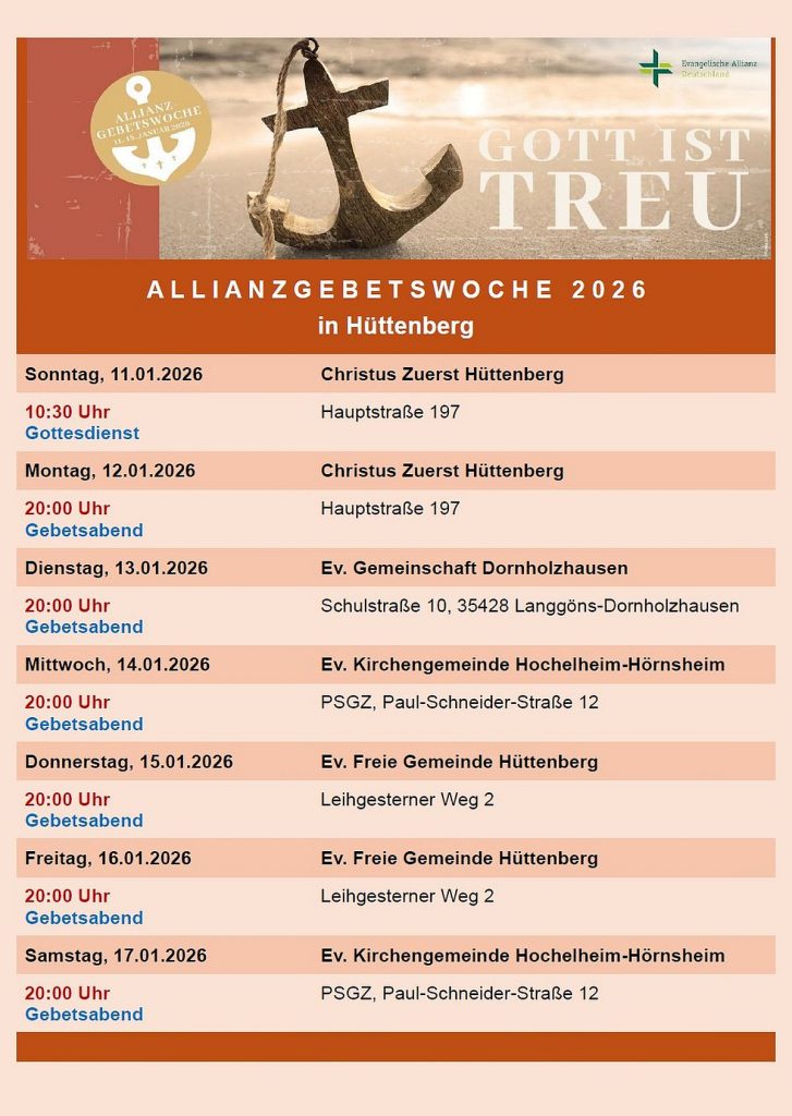 der Flyer zur Allianzgebetswoche 2026 in Hüttenberg mit allen Terminen und Veranstaltungsorten