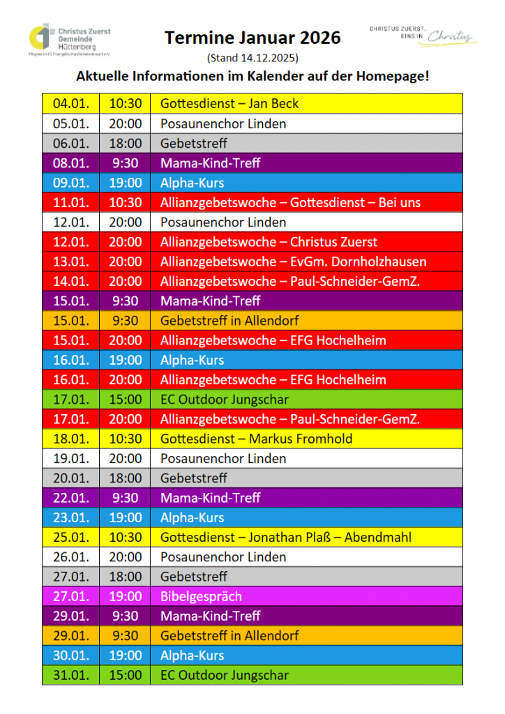 Termine Januar 2026 - Monatsübersicht