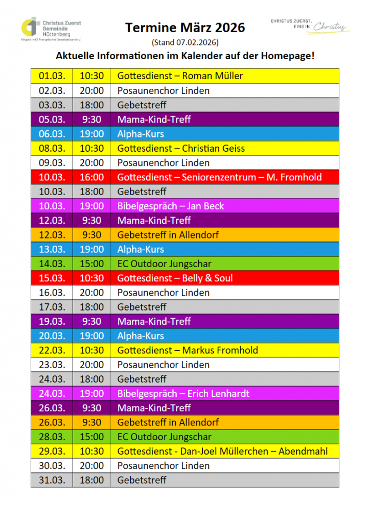 Der Monatsplan März 2026 der Christus zuerst Gemeinde Hüttenberg