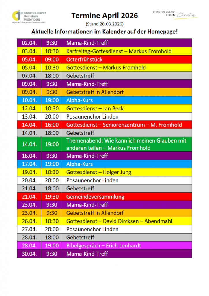 Der Monatsplan April 2026 der Christus Zuerst Gemeinde Hüttenberg