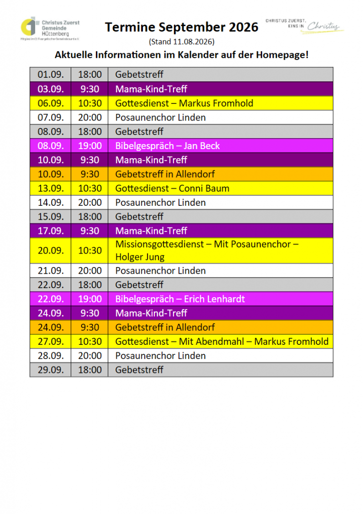 Dear Monatsplan der Christus Zuerst Gemeinde Hüttenberg für September 2026